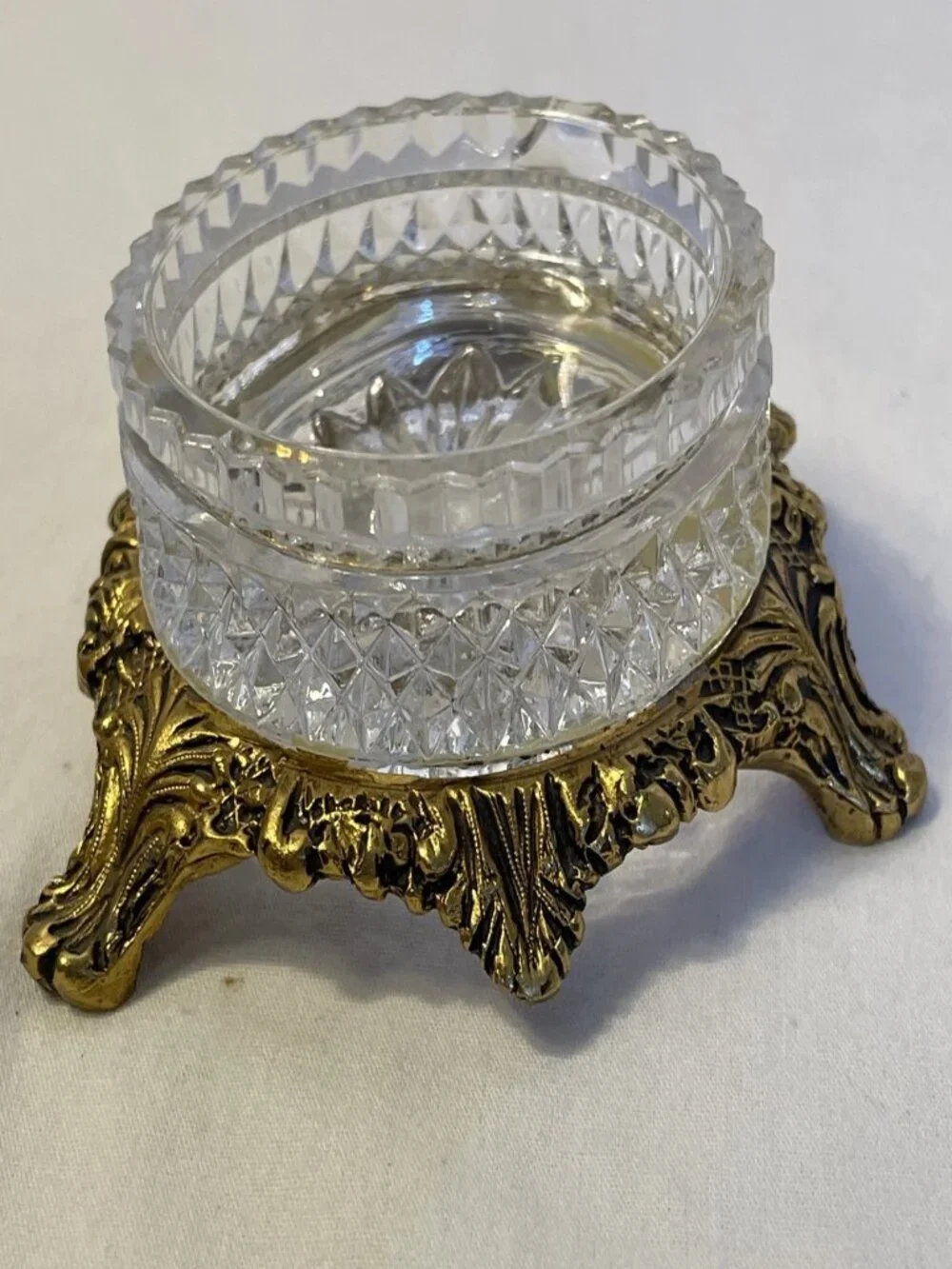 Vintage Crystal Salt Cellar Set Gold Filigree Footed Condiment Jam Bowls Spoon